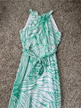 R&K White Maxi Dress with Green Abstract Floral Print